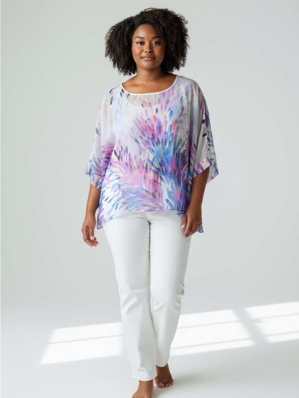 Orange Fashion Village Watercolor Floral Sheer Tunic in Purple, Blue, Pink